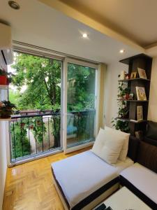 un soggiorno con divano e una grande finestra di Ana Apartment a Novi Sad