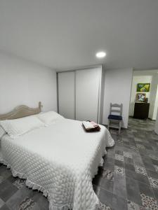 ein Schlafzimmer mit einem weißen Bett und einem blauen Stuhl in der Unterkunft El rincón coqueto de fina in Orce