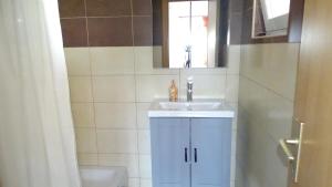 a bathroom with a sink and a toilet and a mirror at Apartments Luna in Sukošan +46 photos