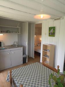 Zimmer mit einer Küche und einem Bett in einem Zimmer in der Unterkunft Les cabanes de l'île aux oiseaux Guern in Guern