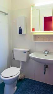 a bathroom with a white toilet and a sink at Leuchtfeuer in Wendtorf