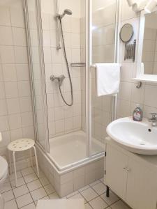 a bathroom with a shower and a sink at Wiesenweg W09 in Laboe