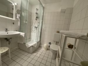 ein Bad mit einem Waschbecken, einer Dusche und einem WC in der Unterkunft Wiesenweg W12 in Laboe