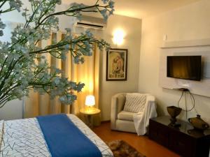 um quarto com uma cama, uma cadeira e uma televisão em Chalé do Vale à 10 min de carro de Itacoatiara em Niterói