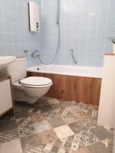 a bathroom with a toilet and a tub and a sink at Fewo Losleben in Laboe