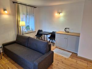 a living room with a couch and a table at Willa Roża Wiatrów in Karpacz