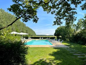 a swimming pool in a yard with chairs and trees at Palazzo Minelli in Sala Bolognese
