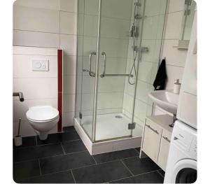 a bathroom with a shower and a toilet and a sink at TopTravel-LKW Parkplatz in Bad Hersfeld