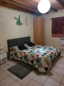 een slaapkamer met een bed met een kleurrijk dekbed bij Dominique et Françoise in Fourques-sur-Garonne