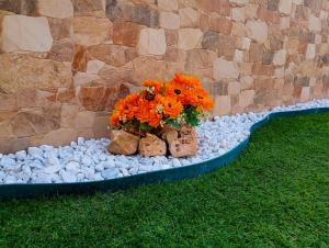 ein Strauß orangefarbener Blumen in einer Steinmauer in der Unterkunft Villa al mare - I CORALLI in Valledoria + 61 Fotos