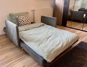 a bed in a room with a mirror at Ferienwohnung Storchennest in Eisfeld