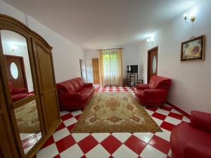 a living room with red chairs and a rug at Casa Aura in Băile Herculane