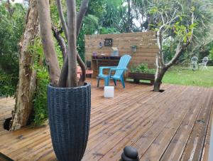 a wooden deck with a tree and a bench at Le Niaouli in Saint-Joseph