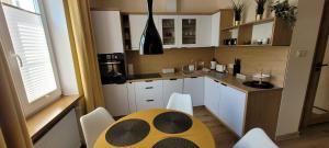 eine Küche mit Tisch und Stühlen in einem Zimmer in der Unterkunft Gold Apartament in Olsztyn