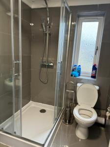 a bathroom with a shower and a toilet and a shower at High street home in Eastleigh