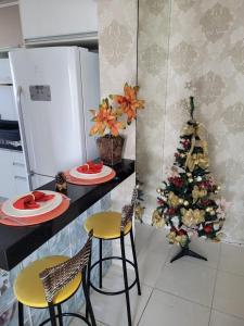uma cozinha com uma árvore de Natal num balcão em VISTA PRAIA MAR - AVIAÇÃO - 300 metros da praia - WI FI - VARANDA GOURMET com CHURRASQUEIRA - ESTACIONAMENTO gratuito na Praia Grande