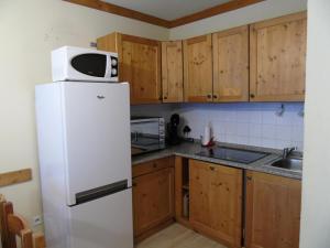 莫達訥的住宿－Chalet du Thabor - 3 Pièces pour 8 Personnes 591，厨房配有冰箱上方的白色微波炉