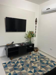 un salon avec une télévision à écran plat sur un mur dans l'établissement Casa Climatizada-2km centro Histórico, à Parati