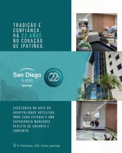 un folleto para un hotel con una foto de un edificio en San Diego Suites Ipatinga en Ipatinga