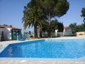 Una gran piscina azul con árboles al fondo. en L'appartement des Albères, en Laroque-des-Albères