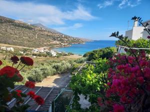 una vista sull'oceano da un giardino fiorito di Kypri Apartments a Kipri