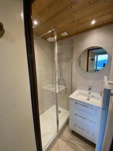 La salle de bains est pourvue d'une douche et d'un lavabo. dans l'établissement Combe Blanche 1217, à Manigod