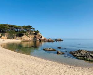 une plage de sable avec des rochers dans l'eau dans l'établissement Apartaments Platja d’Aro, à Platja d'Aro