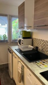 eine Küche mit einer Arbeitsplatte und einer Mikrowelle in der Unterkunft Adorable studio 20m2 in Aubervilliers