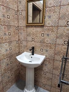 uma casa de banho com um lavatório branco e um espelho. em Za zieloną bramą em Zawiercie