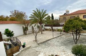 einen Innenhof mit Palmen und ein Gebäude in der Unterkunft The Courtyard Episkopi Guest Houses in Episkopi, Limassol