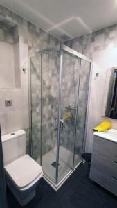 a bathroom with a shower with a toilet and a sink at OUH Candy Box in Bilbao +12 photos