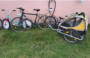 dos bicicletas y un coche estacionado junto a una pared en Villa Sunset en Palić