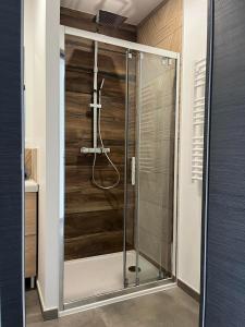a shower with a glass door in a bathroom at maison cosy centre-ville avec jardin, clim in Lens