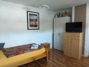 a bedroom with a bed and a flat screen tv at WiW - Wohnen in Wathlingen in Wathlingen