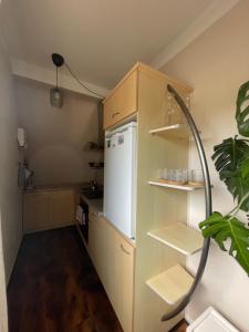 małą kuchnię z białą lodówką i półkami w obiekcie Naturnahes Heimatbasis w mieście Hamburg