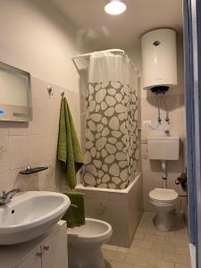ein Bad mit einer Dusche, einem WC und einem Waschbecken in der Unterkunft Alla scalinata in Oria