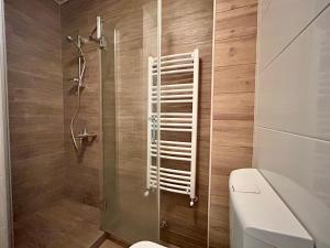 a bathroom with a shower and a toilet at Specialty Coffee Apartment in Skopje
