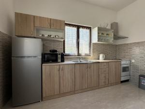 a kitchen with wooden cabinets and a refrigerator at Holiday Home Kate in Pridraga