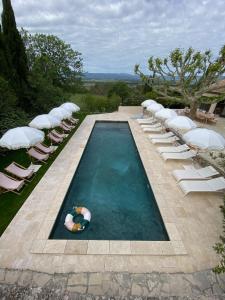 拉加爾德阿代馬的住宿－Mas provençal d'exception，一个带躺椅的游泳池和水中的木筏