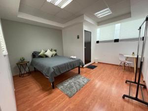 een slaapkamer met een bed en een bureau erin bij Tiny Rooms in Toluca +12 foto's