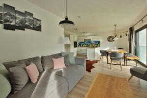 上斯陶芬的住宿－Ferienwohnung Hochsiedel，客厅配有带粉红色枕头的灰色沙发