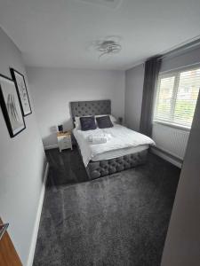um quarto com uma cama num quarto com uma janela em Perfect Getaway / Workstay! em Middlesbrough