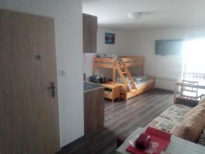 a room with a kitchen and a living room at Apartmán Nová Pec - Lipno, Šumava in Prachatice