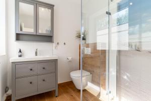 a bathroom with a toilet and a glass shower at Kleine Robbe in Böhl +13 photos