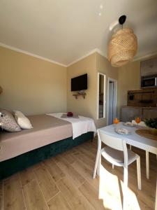 a bedroom with a bed and a table and a tv at Studio apartman Mia in Murter