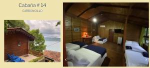 two pictures of a room with two beds in it at Posada Ecologica La Abuela in La Laguna