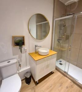 a bathroom with a toilet and a sink and a shower at Joli appartement en centre-ville in Chalon-sur-Saône