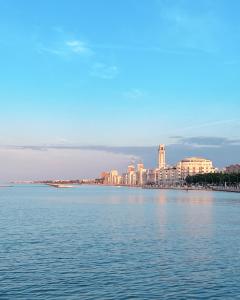 ein großer Wasserkörper mit einer Stadt im Hintergrund in der Unterkunft Porto Antico in Bari