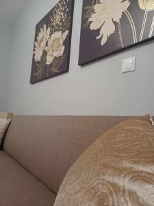 dois quadros pendurados numa parede acima de um sofá em Melenia Suites in Ilha de Rhodes
