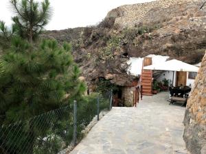 una pasarela de piedra con un edificio y una palmera en Finca Las Polinarias Casa Cueva en Fasnia en Santa Cruz de Tenerife